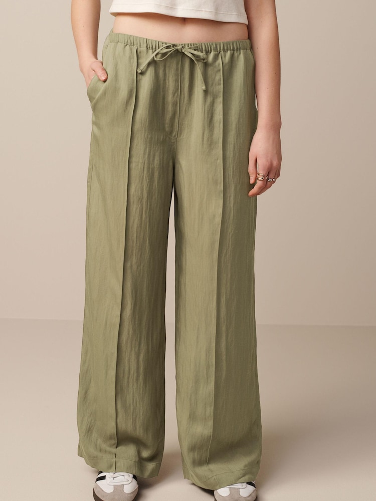 Khaki Green Drawstring Tencel Wide Leg Trousers - Image 2 of 4
