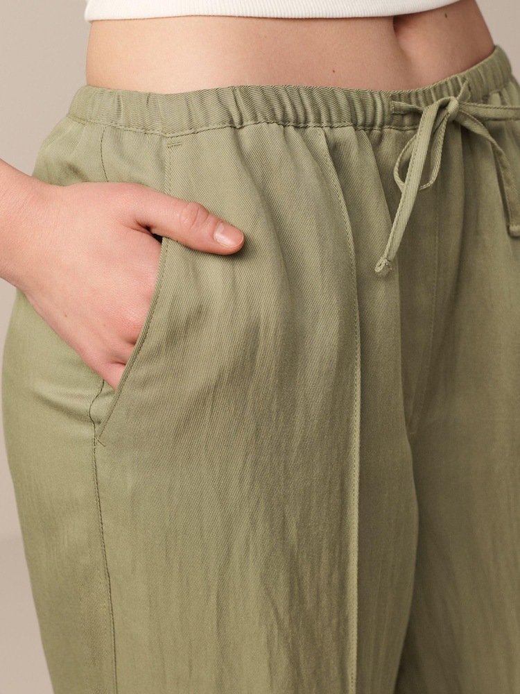 Khaki Green Drawstring Tencel Wide Leg Trousers - Image 4 of 4