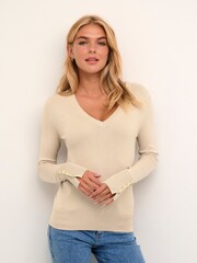 Kaffe Natural Lizza V-Neck Buttoned Cuffs Pullover - Image 1 of 6
