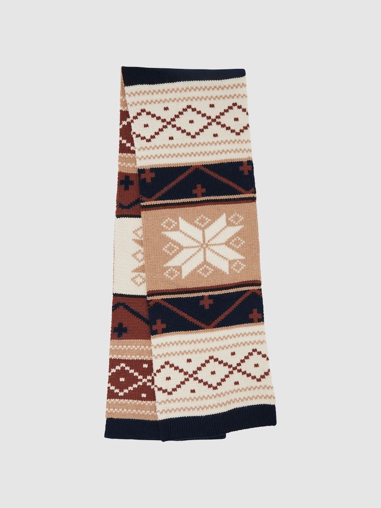 Reiss Navy Multi Norbury Fairisle Pattern Knitted Scarf - Image 1 of 4