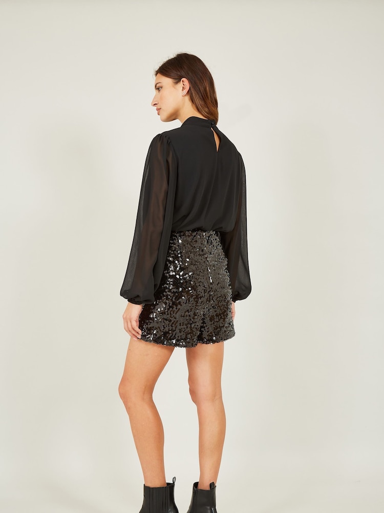 Yumi Black Sequin Mini Shorts - Image 2 of 4