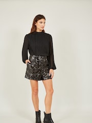 Yumi Black Sequin Mini Shorts - Image 3 of 4