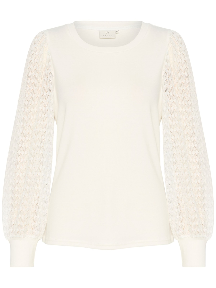 Kaffe Serena Sheer Sleeve Crew Neck White Blouse - Image 1 of 6