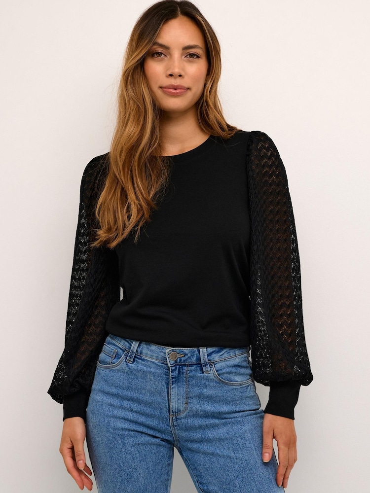 Kaffe Serena Sheer Sleeve Crew Neck Black Blouse - Image 1 of 3 Kaffe Serena Sheer Sleeve Crew Neck Black Blouse - Image 1 of 3