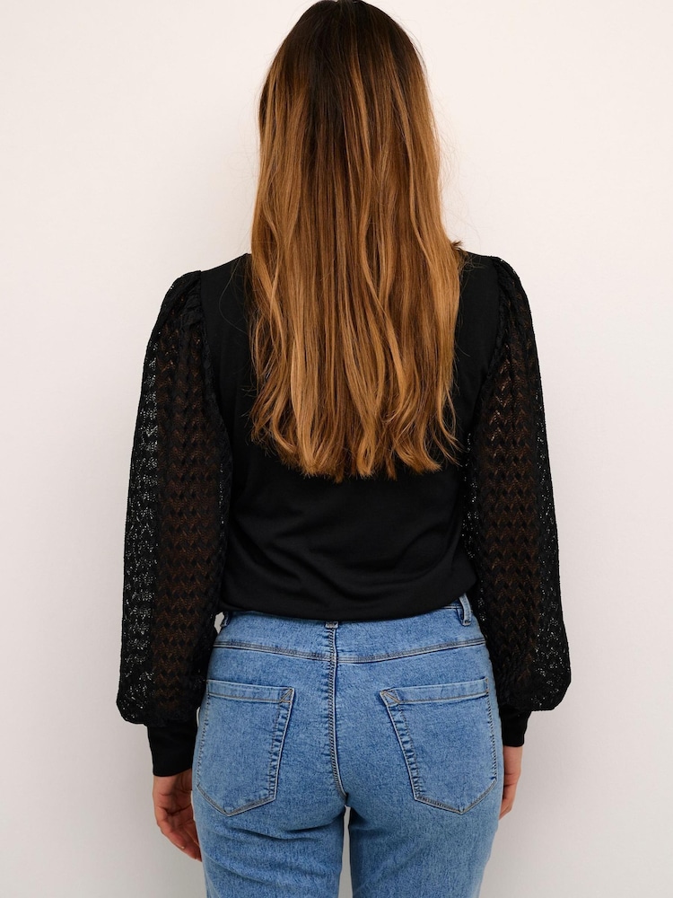 Kaffe Serena Sheer Sleeve Crew Neck Black Blouse - Image 2 of 3 Kaffe Serena Sheer Sleeve Crew Neck Black Blouse - Image 2 of 3