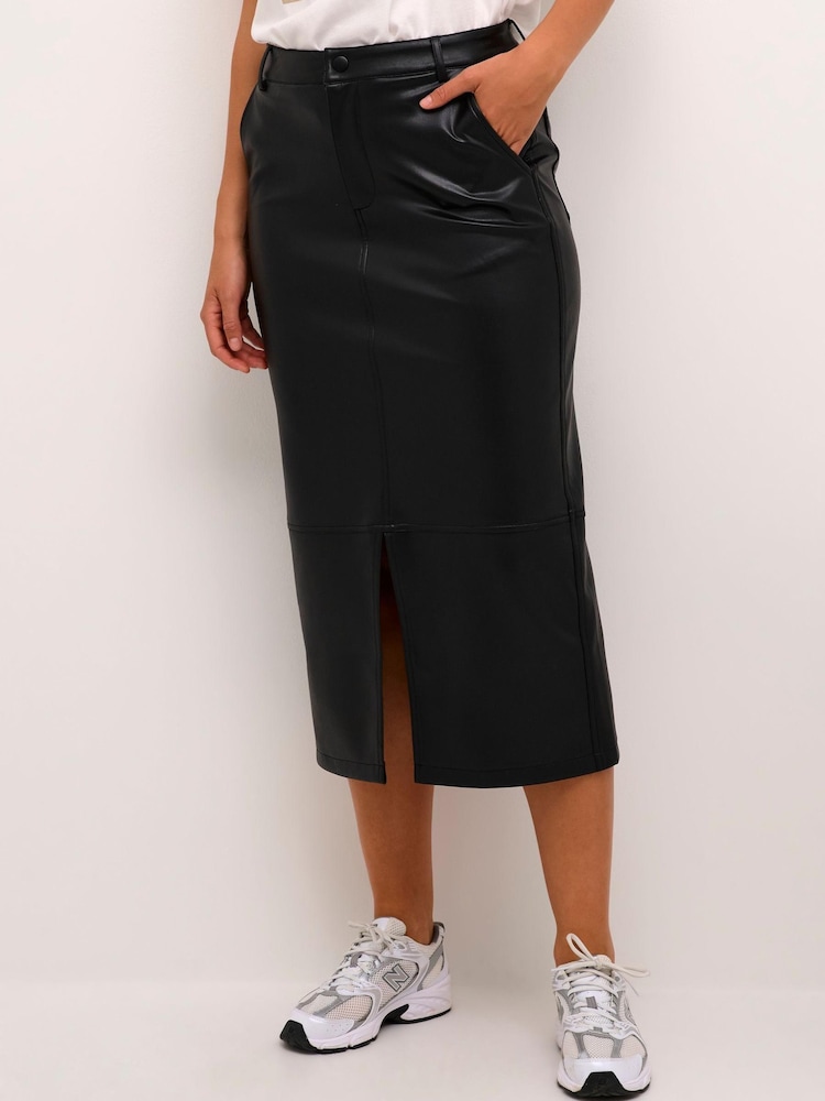 Kaffe Alina Faux Fur Leather Black Midi Skirt - Image 1 of 6