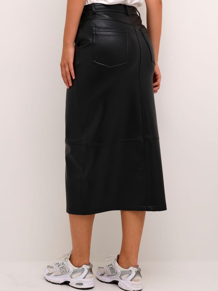 Kaffe Alina Faux Fur Leather Black Midi Skirt - Image 2 of 6