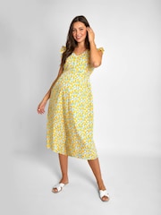 JoJo Maman Bébé Yellow Lemon Floral Print Frill Sleeve Maternity Midi Dress - Image 1 of 5