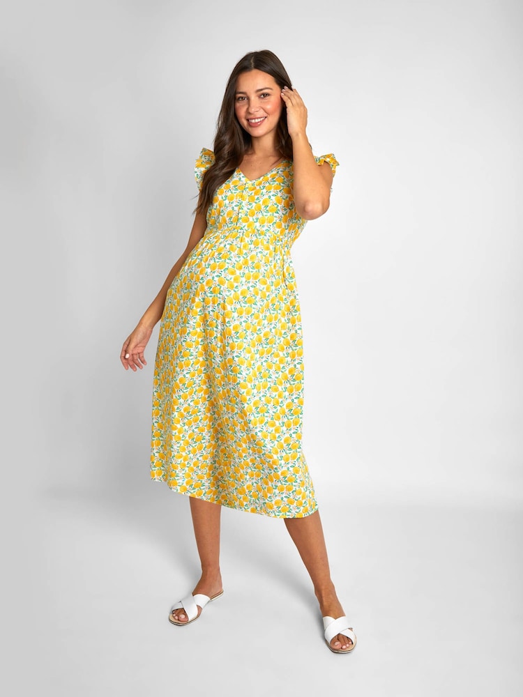 JoJo Maman Bébé Yellow Lemon Floral Print Frill Sleeve Maternity Midi Dress - Image 1 of 5