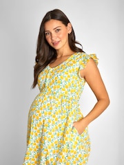 JoJo Maman Bébé Yellow Lemon Floral Print Frill Sleeve Maternity Midi Dress - Image 2 of 5