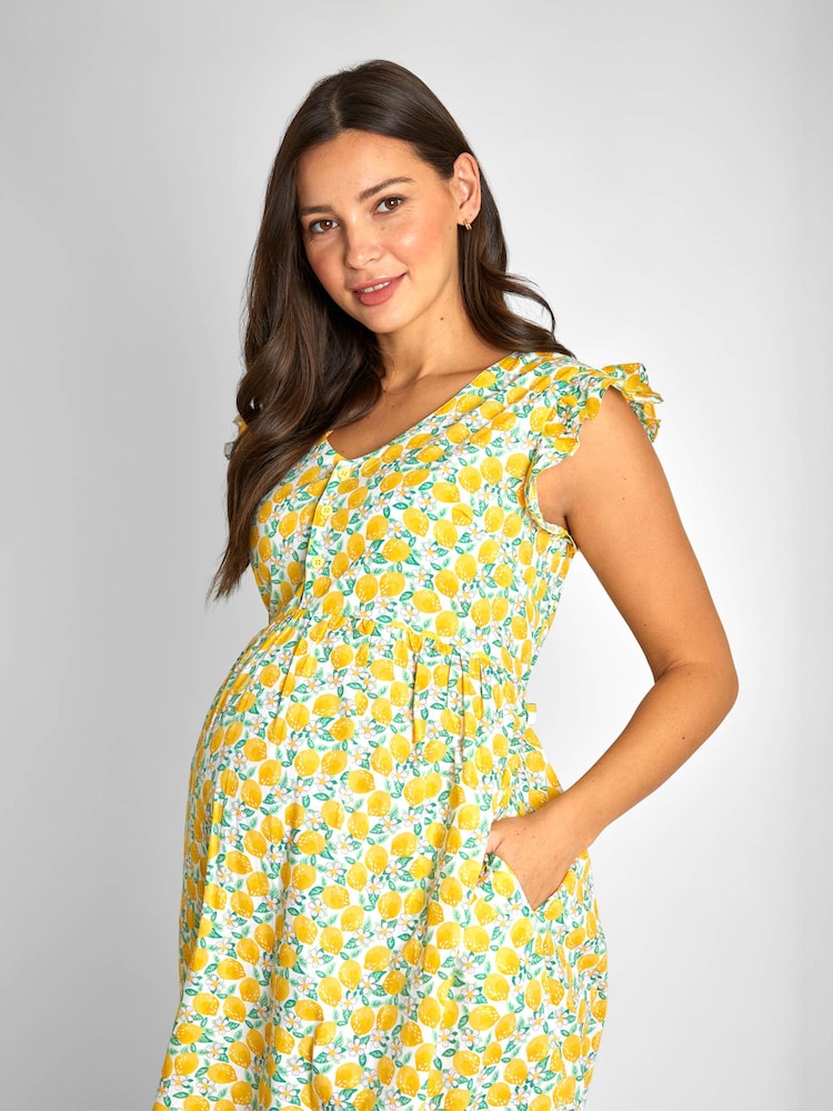 JoJo Maman Bébé Yellow Lemon Floral Print Frill Sleeve Maternity Midi Dress - Image 2 of 5