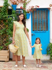 JoJo Maman Bébé Yellow Lemon Floral Print Frill Sleeve Maternity Midi Dress - Image 5 of 5