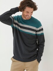 FatFace Green Braunton Yoke Stripe Crew Jumper - Image 1 of 4