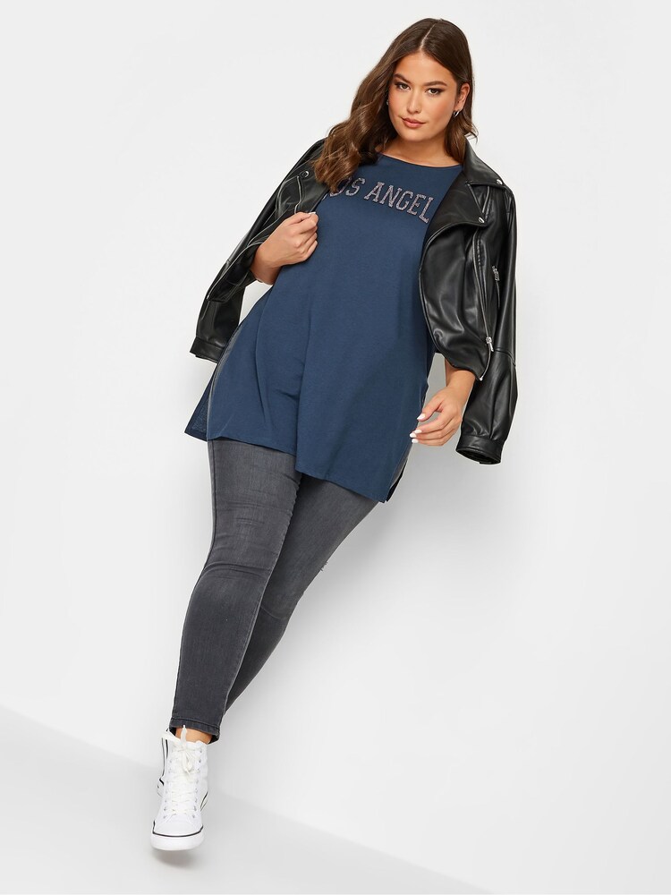 Blau - Yours Curve T-Shirt mit geschlitztem Saum - Bild 4 von 4