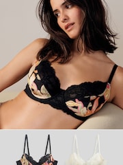 Black Floral Print/Cream 2 Pack Non Pad Full Cup Bras 2 Pack - Image 1 of 9