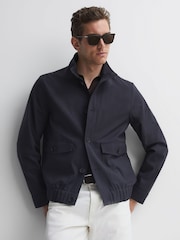 Reiss Navy Ozark High Neck Button Through Blouson Jacket - Image 1 of 5