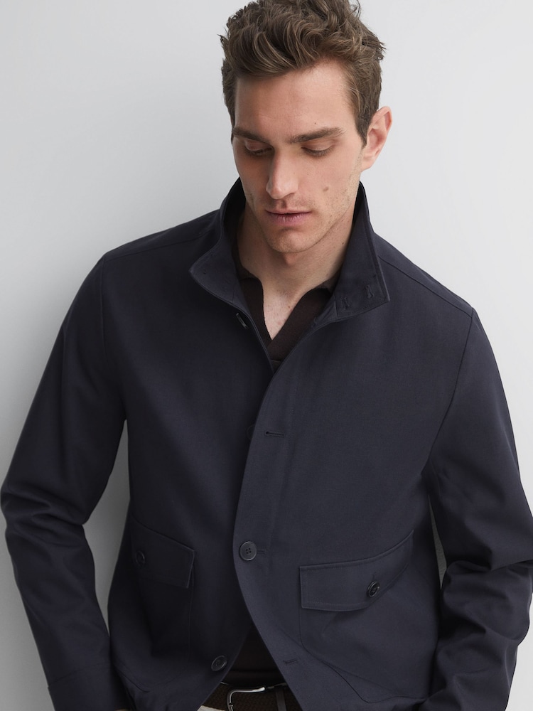 Reiss Navy Ozark High Neck Button Through Blouson Jacket - Image 5 of 5