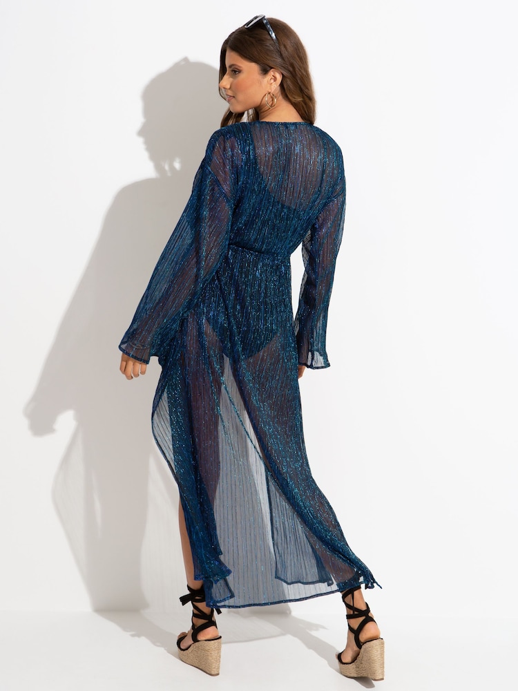 Pour Moi Blue Metallic Plisse Maxi Cover-Up - Image 2 of 4