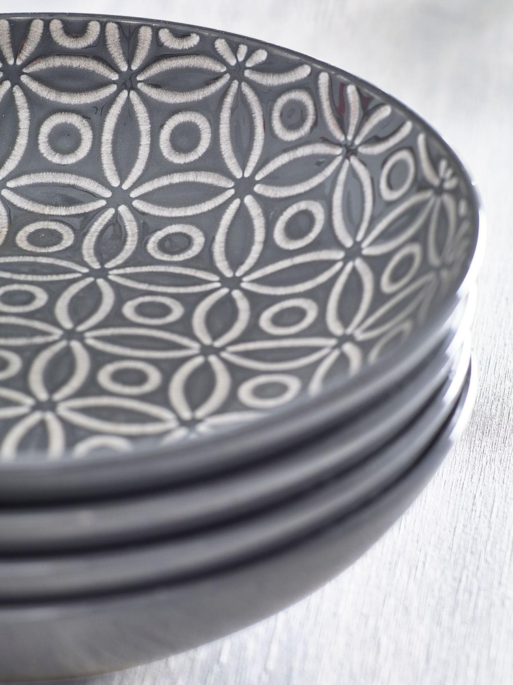 Grey Geo Embossed Set of 4 Pasta Bowls - Image 2 of 2