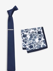 MOSS Navy Blue Floral Pocket Square and Tie Bar Set - Image 2 of 3