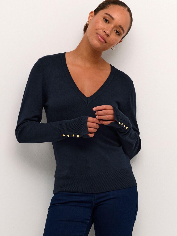 Kaffe Lizza V-Neck Buttoned Cuffs Pullover Jumper - Image 1 of 6