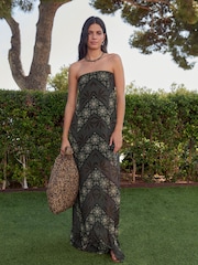 Brown Tile Print Bandeau Mesh Jersey Dress - Image 2 of 6