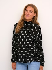 Kaffe Amber High Smock Neck Printed Black Blouse - Image 1 of 5