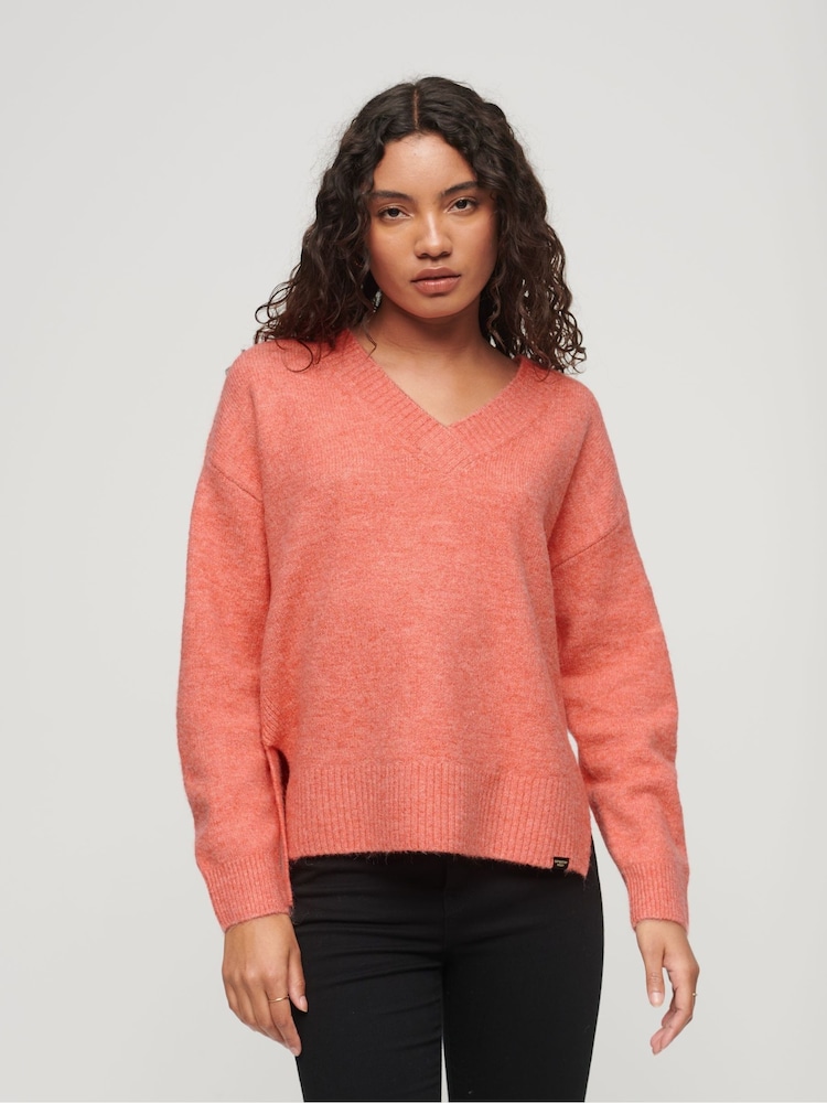 Superdry Orange Oversized V-Neck Jumper - Image 1 of 6 Superdry Orange Oversized V-Neck Jumper - Image 1 of 6