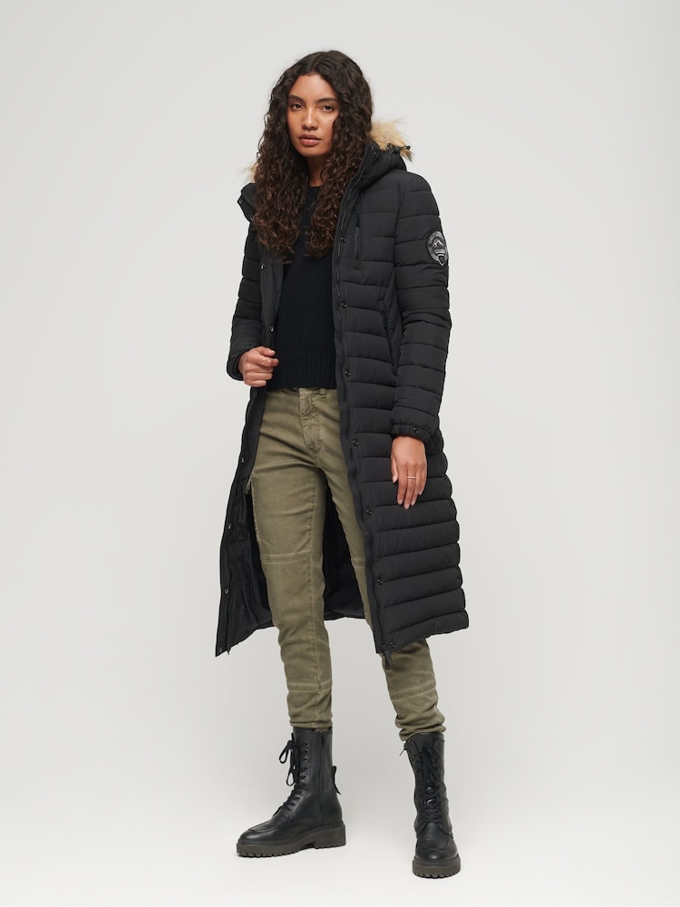 Superdry Black 100% Cotton Fuji Hooded Longline Puffer Coat - Image 1 of 6