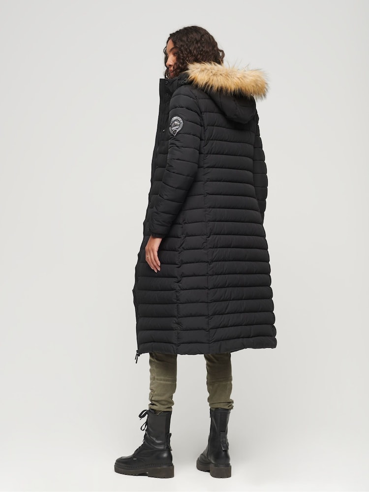 Superdry Black 100% Cotton Fuji Hooded Longline Puffer Coat - Image 2 of 6