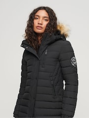 Superdry Black 100% Cotton Fuji Hooded Longline Puffer Coat - Image 3 of 6