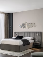 Opulent Velvet Steel Grey Mayfair Upholstered Hotel Bed Frame with Ottoman Storage Bedside Tables and Lights - Image 1 of 10