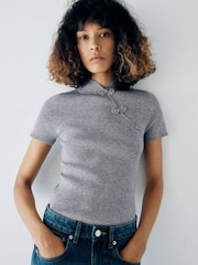 Mango Grey Mandarin Collar Ribbed Knit Top - Image 1 of 7