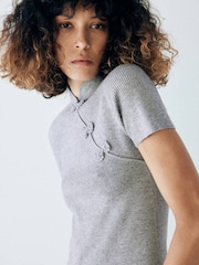 Mango Grey Mandarin Collar Ribbed Knit Top - Image 4 of 7