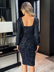 AX Paris Blue Metallic Sparkle And Sequin Long Sleeve Ruched Square Neck Bodycon Midi Dress - Image 2 of 4
