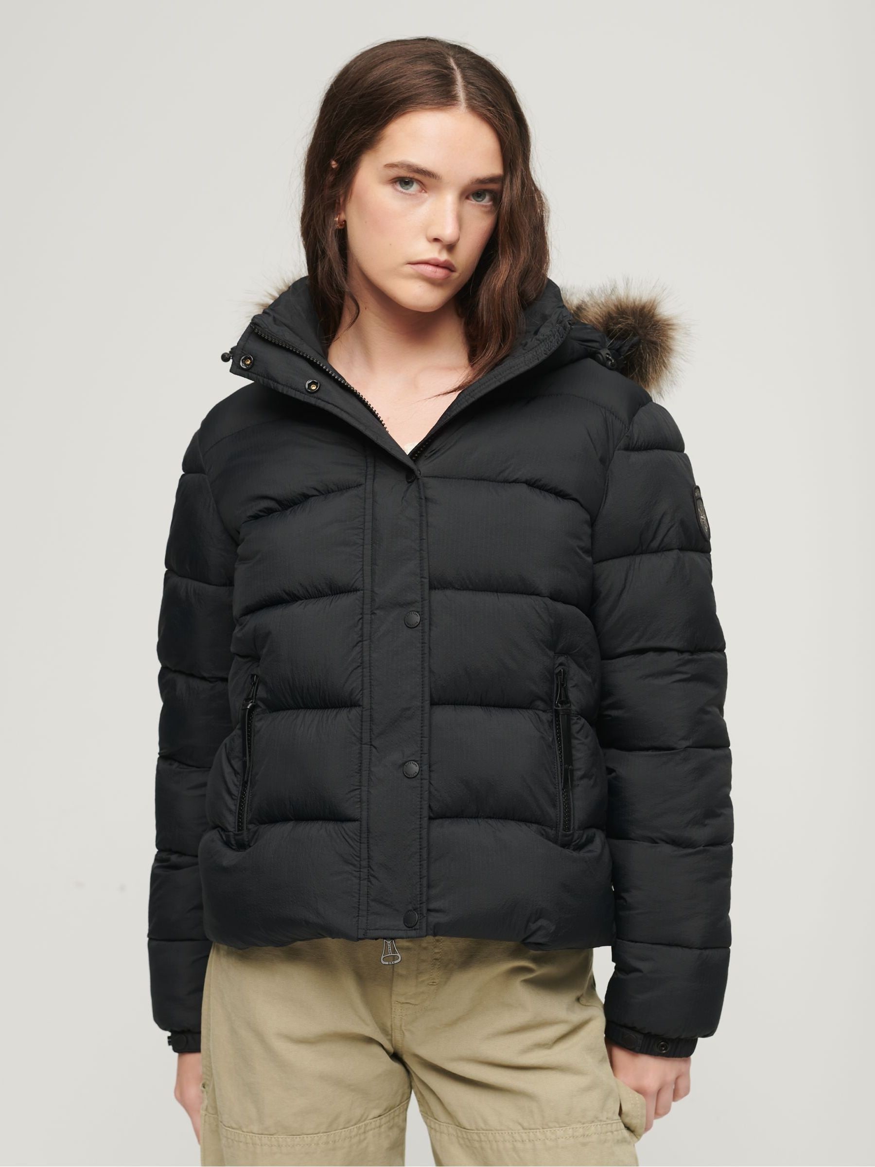 Black hooded faux fur short coat store