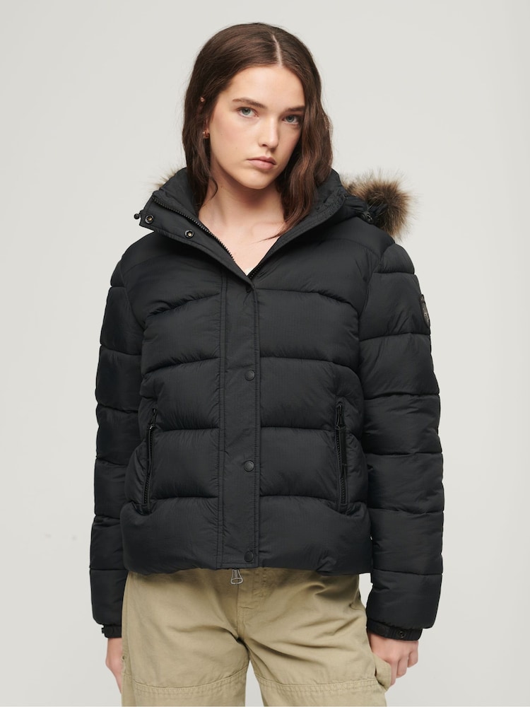 Superdry Black Faux Fur Short Hooded Puffer Jacket - Image 1 of 3