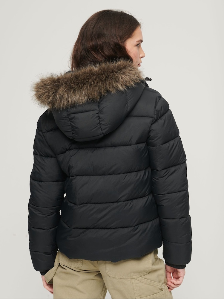 Superdry Black Faux Fur Short Hooded Puffer Jacket - Image 2 of 3
