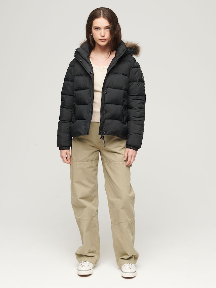 Superdry Black Faux Fur Short Hooded Puffer Jacket - Image 3 of 3