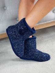 Pour Moi Blue Cable Knit Faux Fur Lined Bootie Slippers - Image 1 of 3