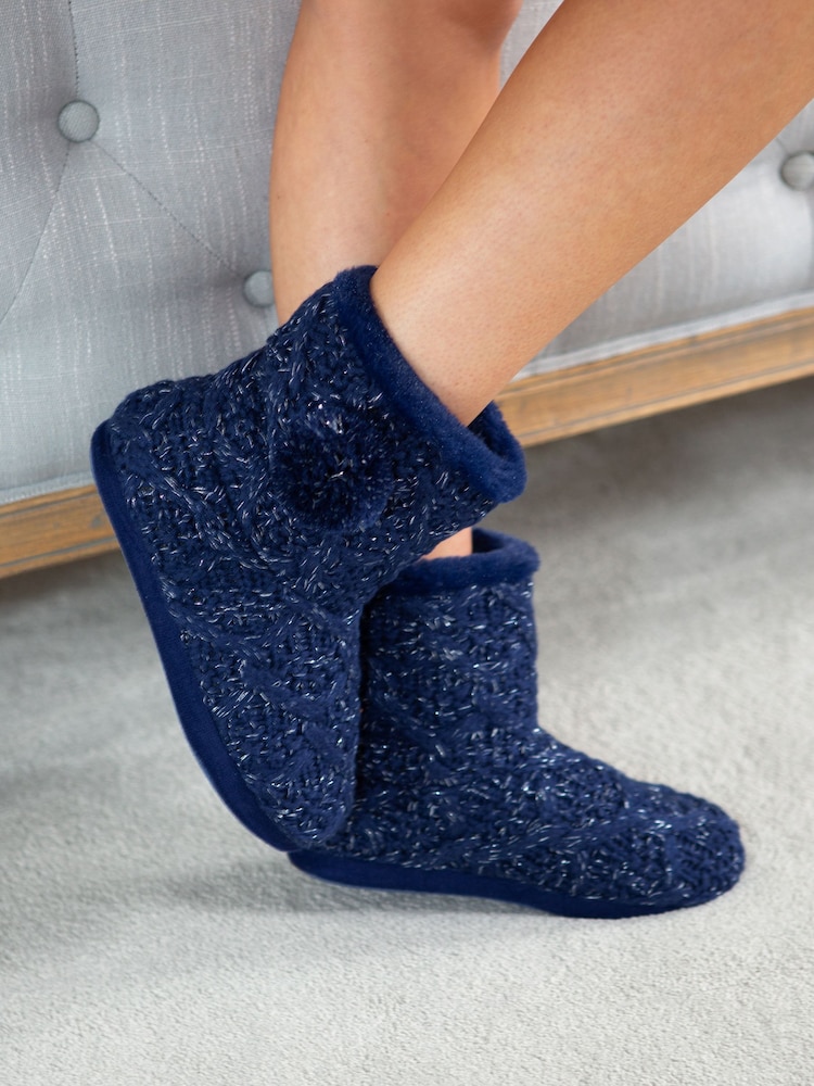 Pour Moi Blue Cable Knit Faux Fur Lined Bootie Slippers - Image 1 of 3