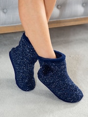 Pour Moi Blue Cable Knit Faux Fur Lined Bootie Slippers - Image 2 of 3