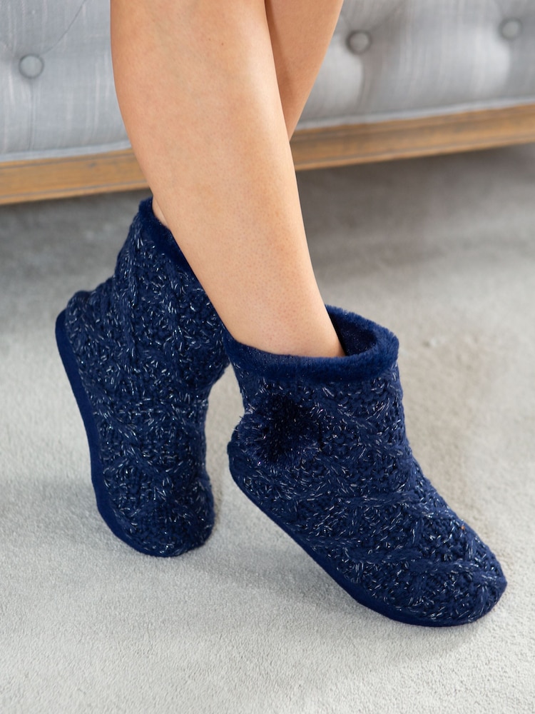 Pour Moi Blue Cable Knit Faux Fur Lined Bootie Slippers - Image 2 of 3