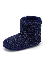 Pour Moi Blue Cable Knit Faux Fur Lined Bootie Slippers - Image 3 of 3