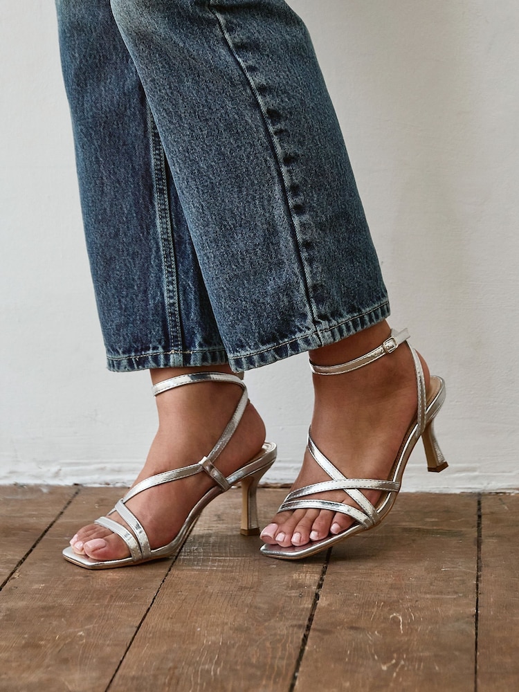 Linzi Silver Cassie Wide Fit Strappy Heeled Sandals - Image 1 of 5 Linzi Silver Cassie Wide Fit Strappy Heeled Sandals - Image 1 of 5
