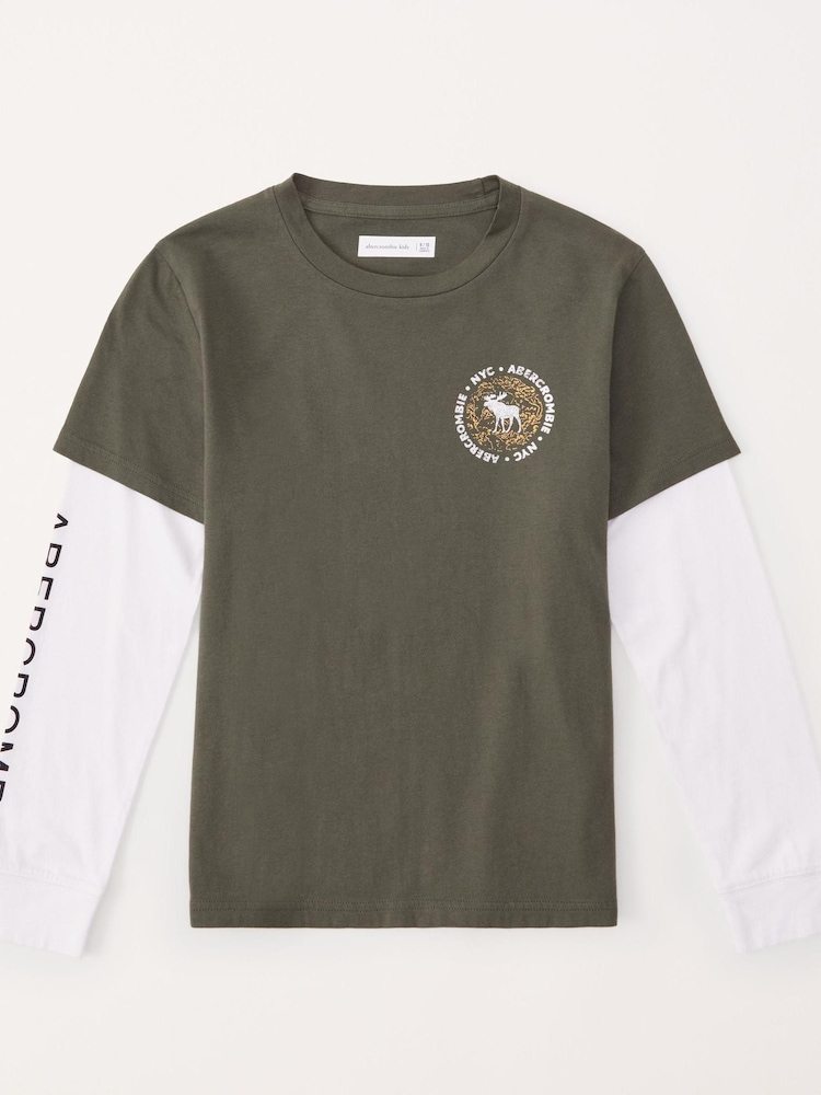 Grün - Abercrombie & Fitch Mehrlagiges Langarmtop mit Grafik - Bild 1 von 2