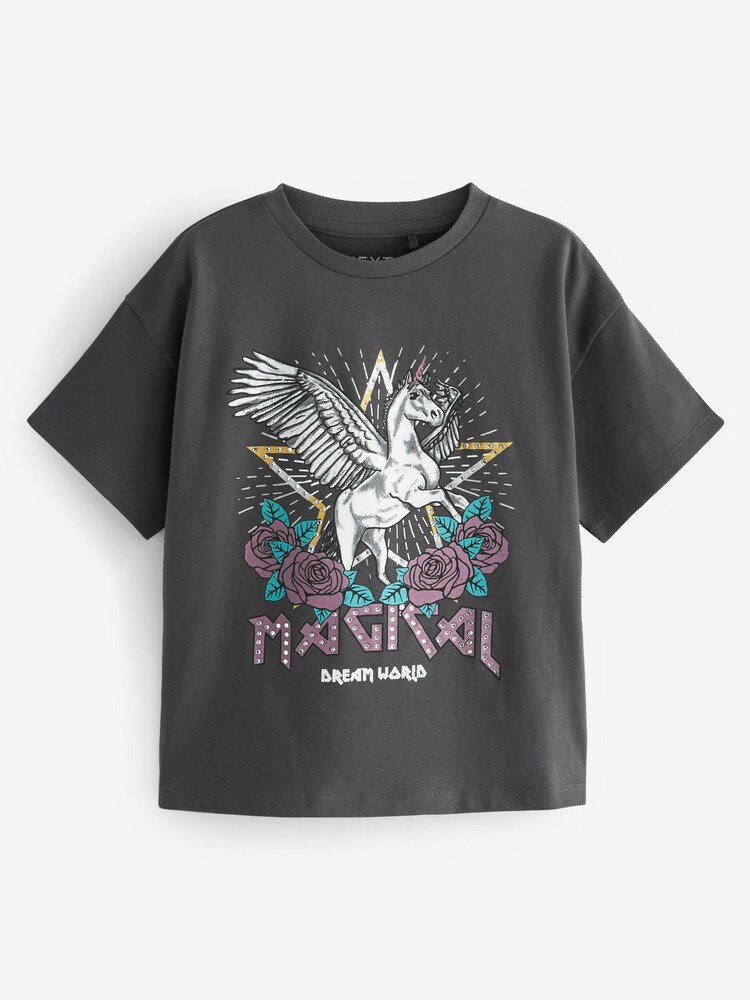 Grey Rhinestone Unicorn Graphic T-Shirt (3-16yrs) - Image 1 of 3