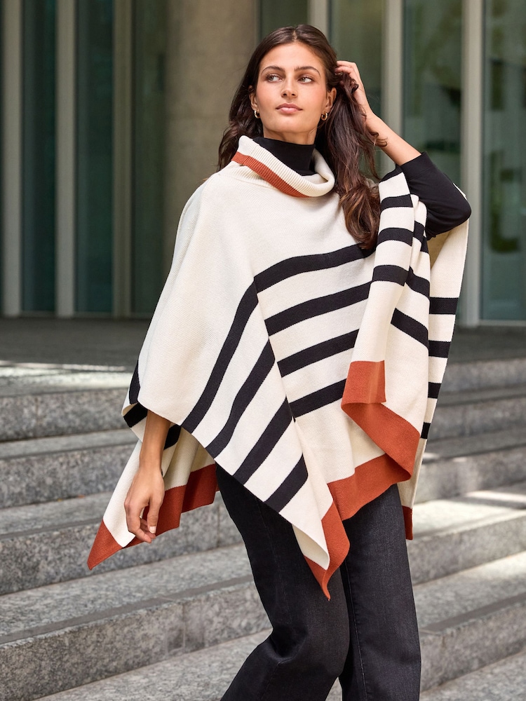 Ecru/Black Roll Neck Stripe Poncho Jumper - Image 1 of 6