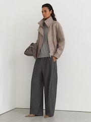 Reiss Grey Petra Petite Textured Leather Oversized Jacket - Image 1 of 10