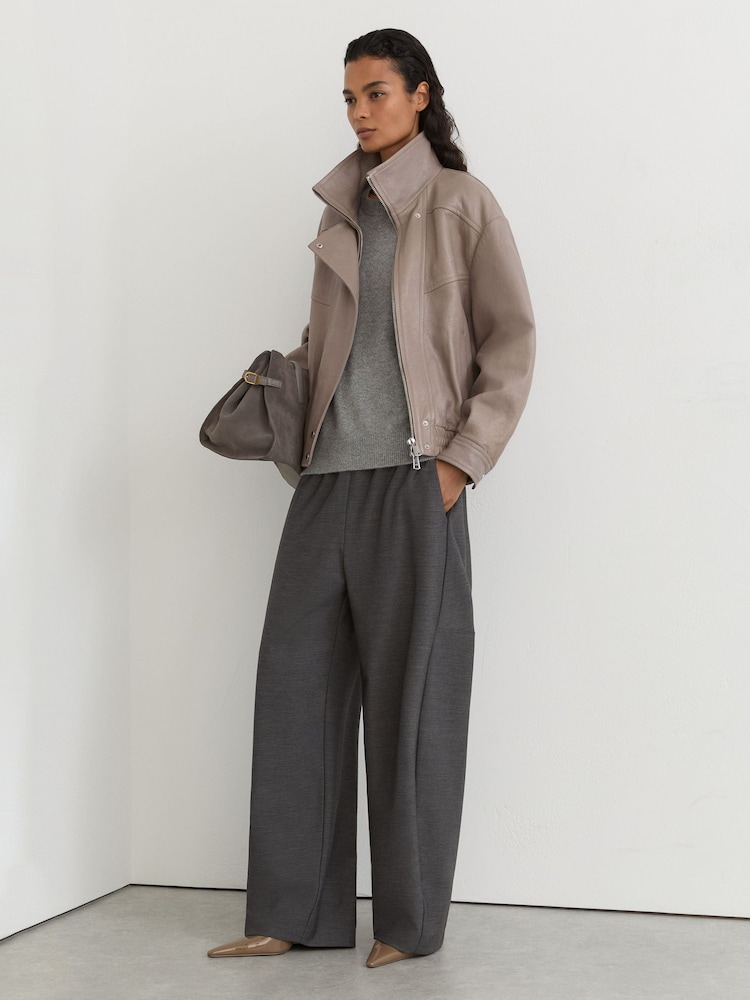 Reiss Grey Petra Petite Textured Leather Oversized Jacket - Image 1 of 10